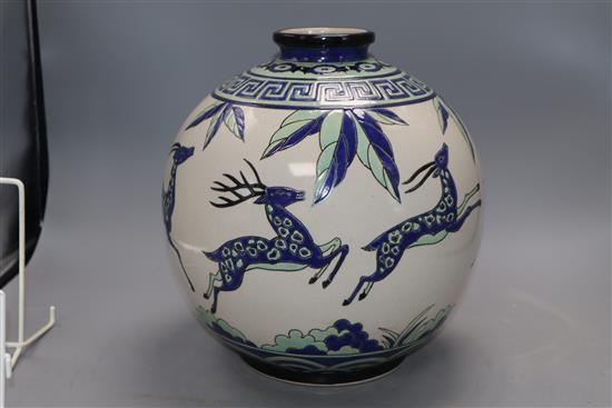 A Keralouve Art Deco style pottery vase decorated with leaping antelope, height 30cm